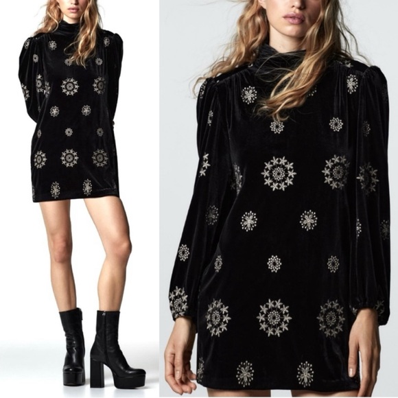 Zara Black Velvet Embroidered Floral Mini Dress Long Sleeve Y2K Blogger Favorite - Picture 1 of 16
